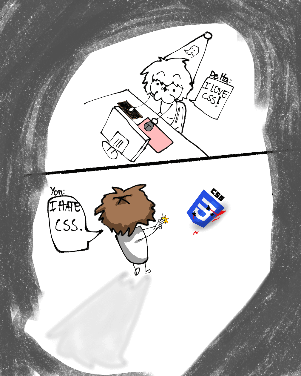 Two-panel comic: Delta happily typing at a computer saying "I LOVE CSS!", while below Yon stabs the CSS logo declaring "I HATE CSS."