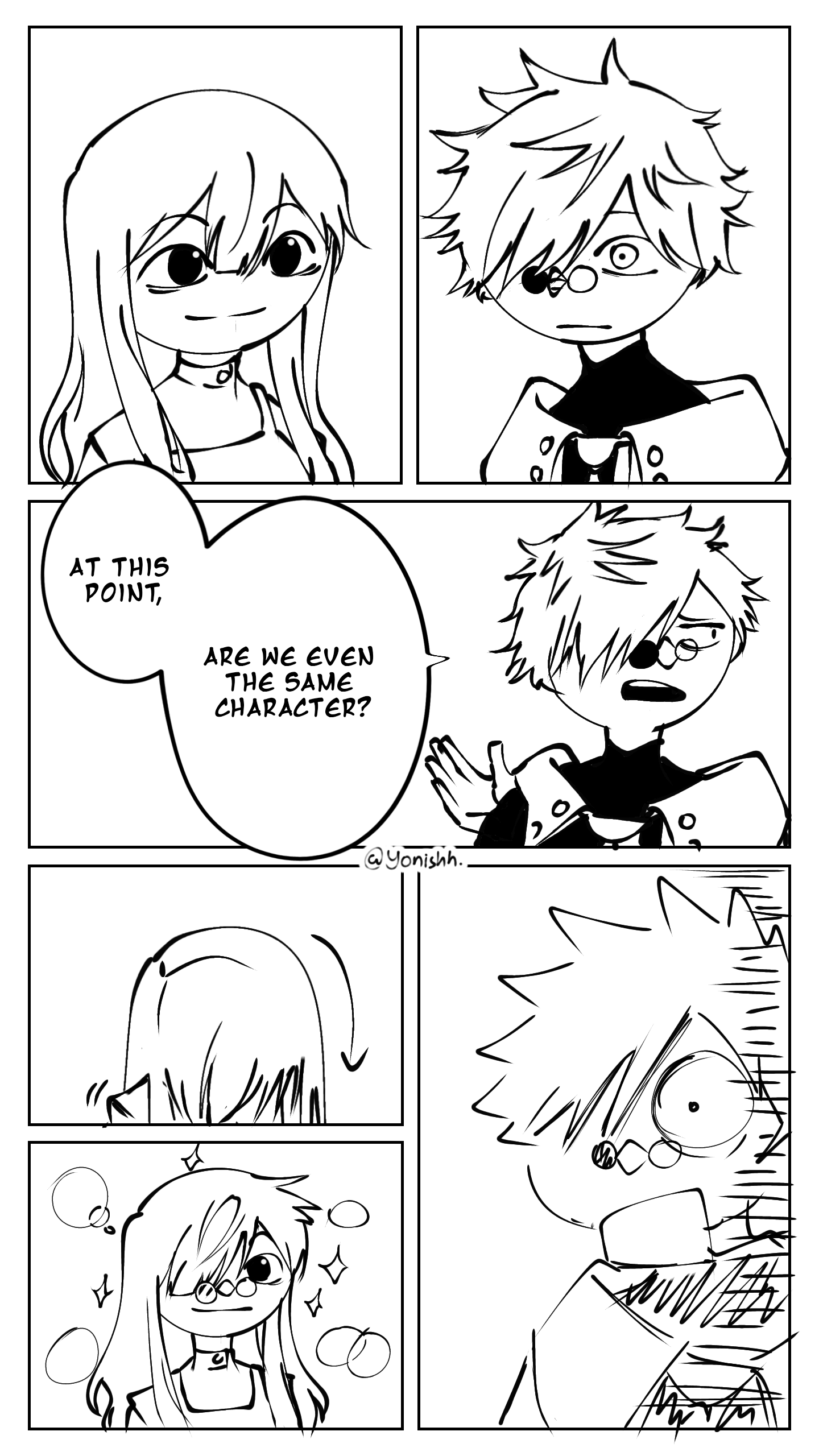 Five-panel comic by @Yonishh: a clean-lined girl asks a guy, whose hair and design get progressively messier each panel, "At this point, are we even the same character?" By the final panel his art style has completely fallen apart.